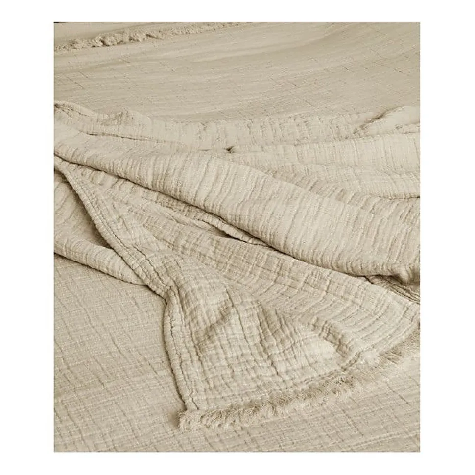 Couvre lit à franges "Brehat" Gaze de Coton stonewashed Toison d'or - Brehat Galet - 270 x 250 cm