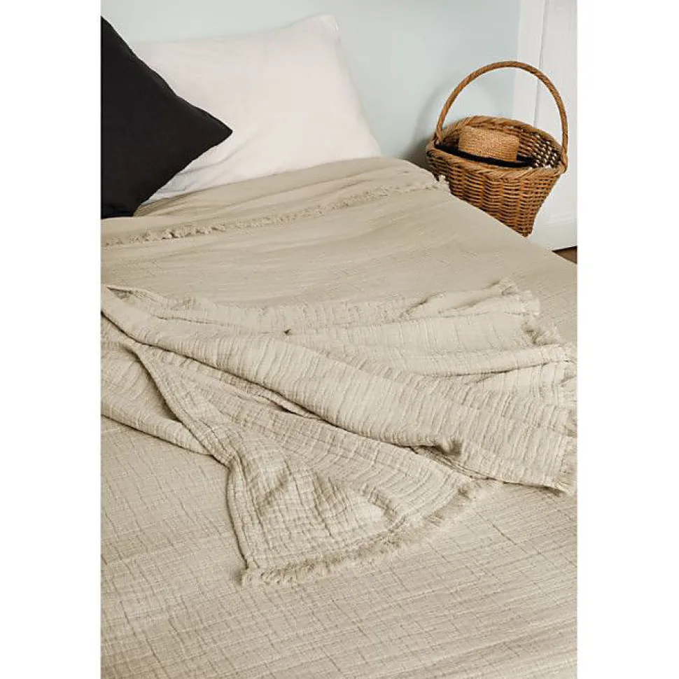 Couvre lit à franges "Brehat" Gaze de Coton stonewashed Toison d'or - Brehat Galet - 270 x 250 cm