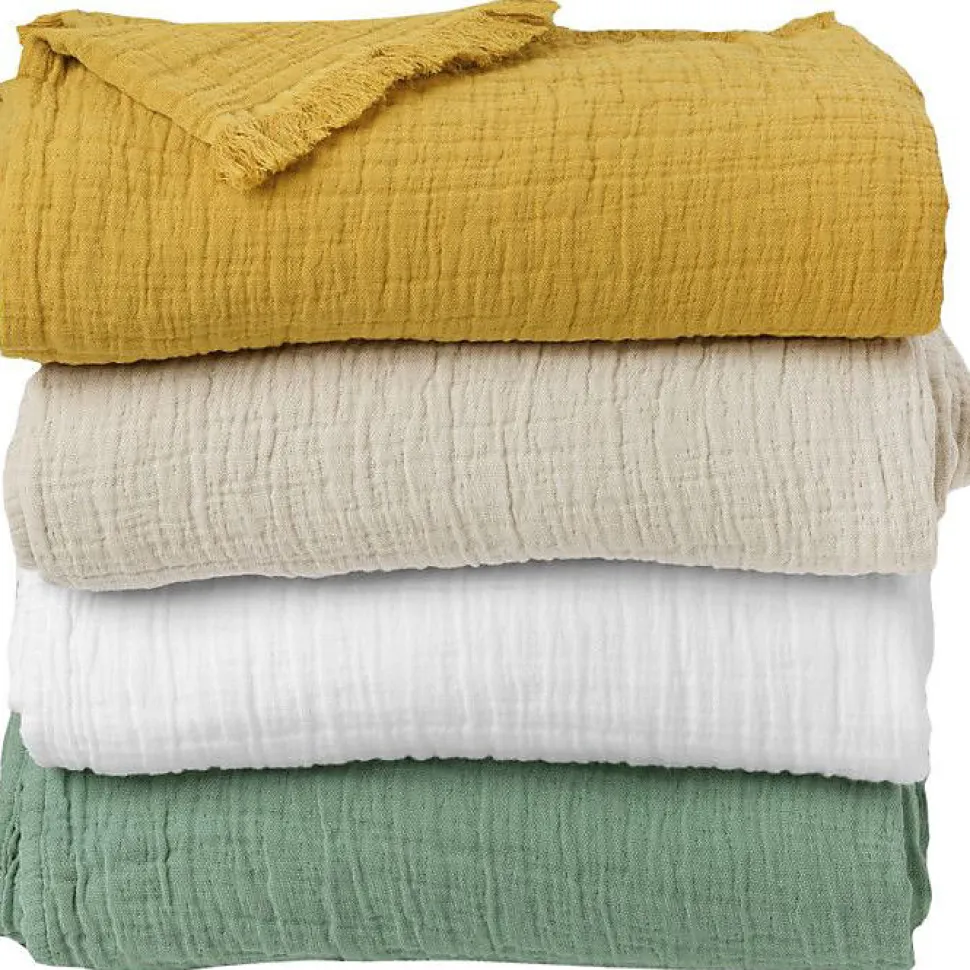 Couvre lit à franges "Brehat" Gaze de Coton stonewashed Toison d'or - Brehat Galet - 270 x 250 cm