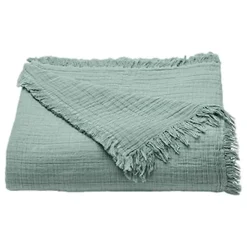 Couvre lit à franges "Brehat" Gaze de Coton stonewashed Toison d'or - Brehat Lichen - 180 x 250 cm