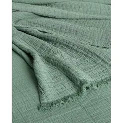 Couvre lit à franges "Brehat" Gaze de Coton stonewashed Toison d'or - Brehat Lichen - 180 x 250 cm