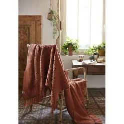 Couvre lit à franges nid d'abeille "Gabin" 240 x 260 cm l'Effet Papillon - Gabin Terracotta - 240 x 260 cm