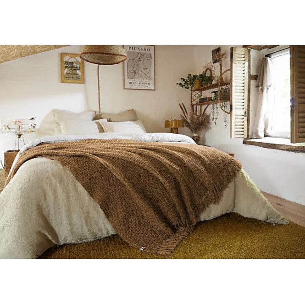 Couvre lit à franges nid d'abeille "Gabin" 240 x 260 cm - Gabin Camel