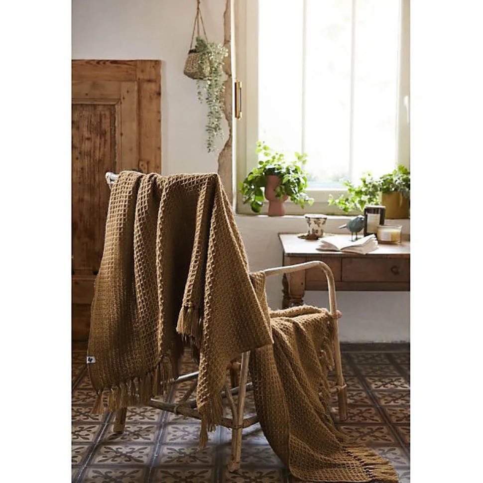 Couvre lit à franges nid d'abeille "Gabin" 240 x 260 cm - Gabin Camel