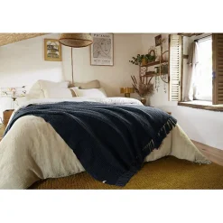 Couvre lit à franges nid d'abeille "Gabin" 240 x 260 cm l'Effet Papillon - Gabin Minuit - 240 x 260 cm