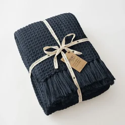 Couvre lit à franges nid d'abeille "Gabin" 240 x 260 cm l'Effet Papillon - Gabin Minuit - 240 x 260 cm