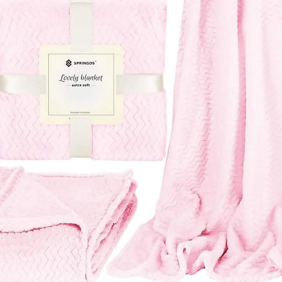 Couvre-lit - SPRINGOS - Zigzag - 160 x 200 cm - Rose pastel - 100% polyester