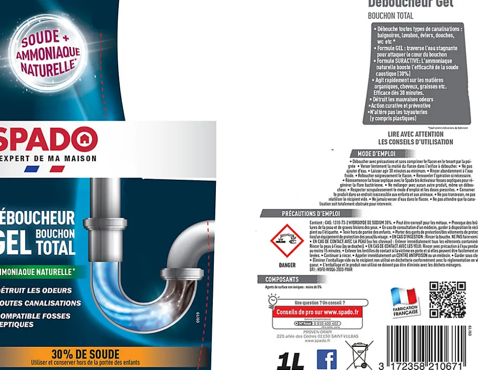 Déboucheur gel cuisine et salle de bain Spado 1L