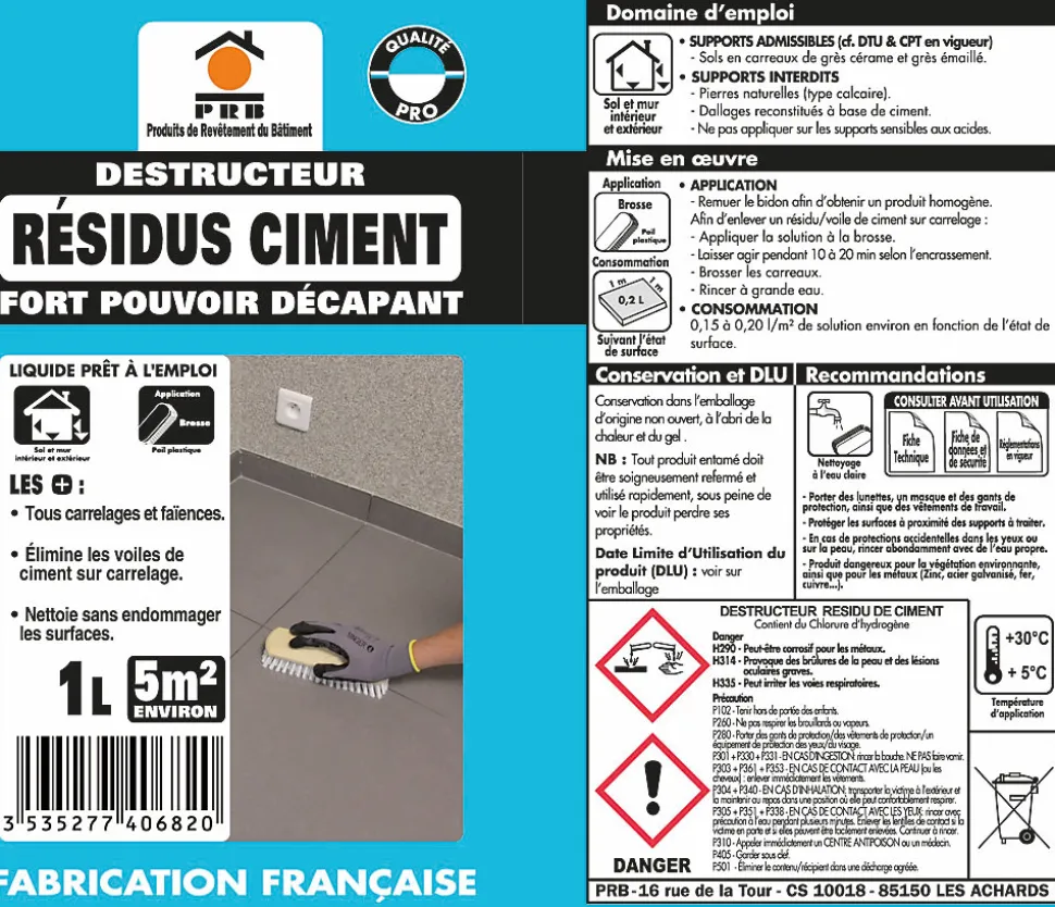 Décapant Résidus de Ciment 1L - Nettoyant Puissant Ciment et Laitance - Usage Intérieur/Extérieur sur Sols, Murs et Façades