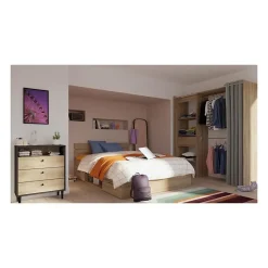 Demeyere Lit adulte MICHIGAN - 160 x 200 cm - Mulitiples rangements - Chene brossé