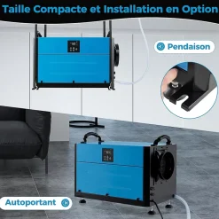 Deshumidificateur d Air Industriel 58,5L/Jour, Panneau de Contrôle, 20%-90% Humidité, 2 Méthodes Drainage Bleu