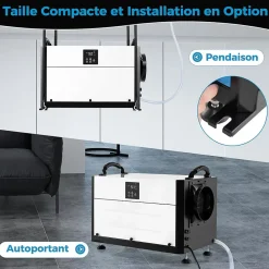 Deshumidificateur d Air Industriel 73,5L/Jour, Panneau de Contrôle, 20%-90% Humidité, 2 Méthodes Drainage Blanc