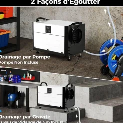 Deshumidificateur d Air Industriel 73,5L/Jour, Panneau de Contrôle, 20%-90% Humidité, 2 Méthodes Drainage Blanc