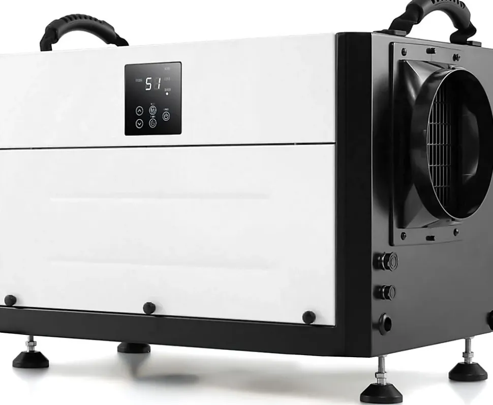 Deshumidificateur d Air Industriel 73,5L/Jour, Panneau de Contrôle, 20%-90% Humidité, 2 Méthodes Drainage Blanc