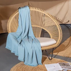 Dessus de lit 230x250 cm BREHAT 100% gaze de coton bleu orage