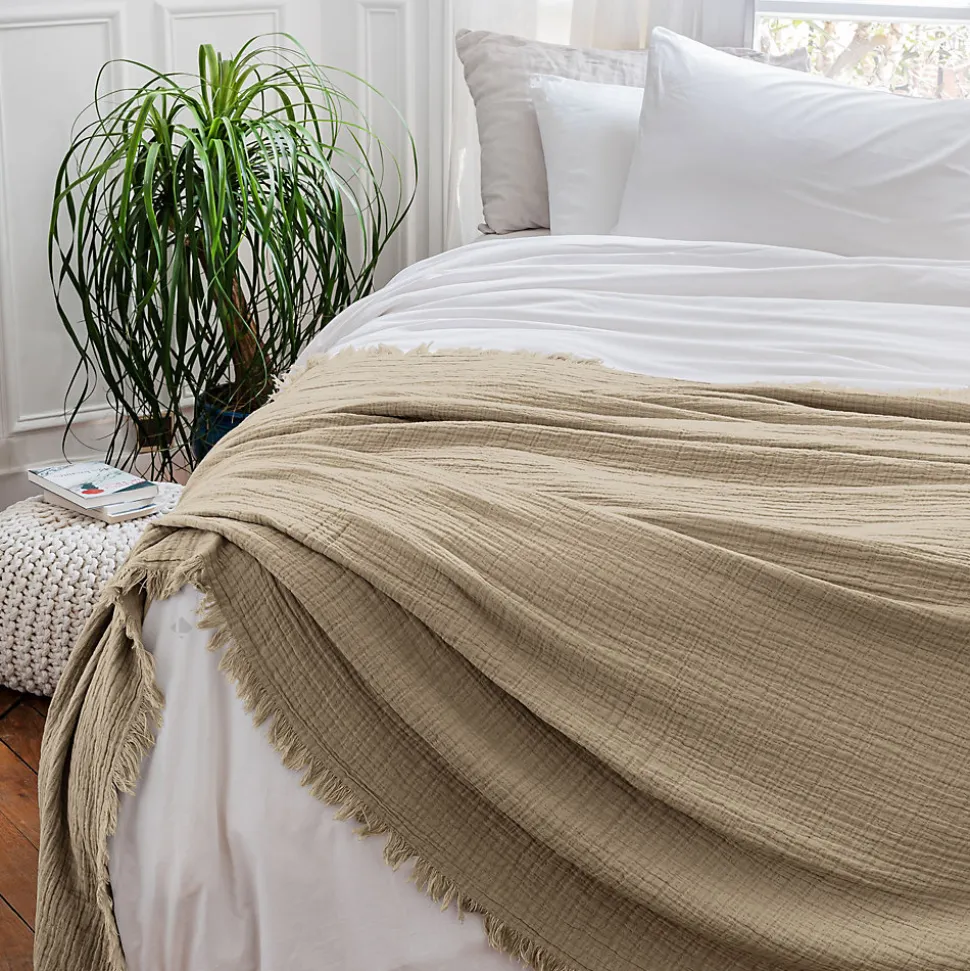 Dessus de lit 230x250 cm BREHAT 100% gaze de coton marron galet