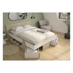 DIAGONE Lit adulte avec tiroirs de rangement - Chene et blanc - 140 x 190 - SWIVEL