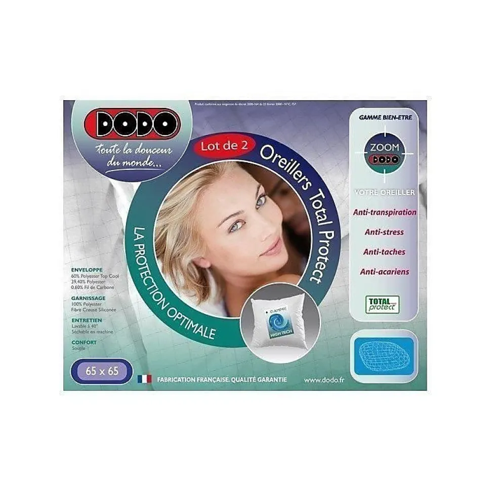 DODO Lot de 2 oreillers Total Protect 65x65 cm blanc