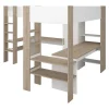 Double lit mezzanine d'angle 2 x 90 x 200 cm - Avec rangements et bureaux - Blanc et naturel - LASCANO