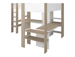 Double lit mezzanine d'angle 2 x 90 x 200 cm - Avec rangements et bureaux - Blanc et naturel - LASCANO