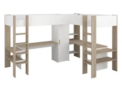 Double lit mezzanine d'angle 2 x 90 x 200 cm - Avec rangements et bureaux - Blanc et naturel - LASCANO