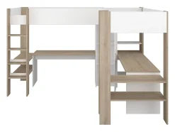 Double lit mezzanine d'angle 2 x 90 x 200 cm - Avec rangements et bureaux - Blanc et naturel - LASCANO