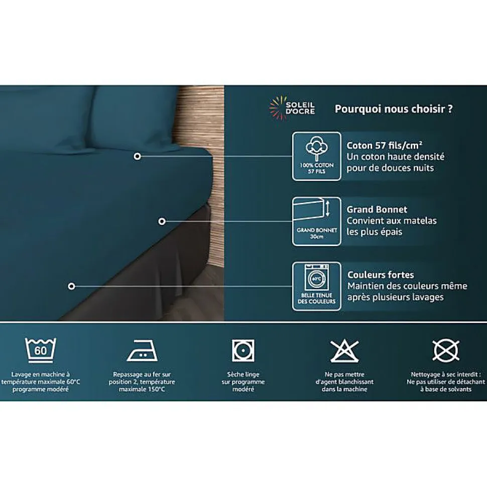 Drap housse en coton 57 fils 140x190 cm UNI lin, par Soleil d'ocre