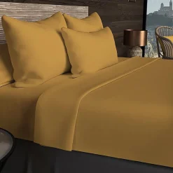 Drap housse en coton 57 fils 90x200 cm UNI moutarde, par Soleil d'ocre