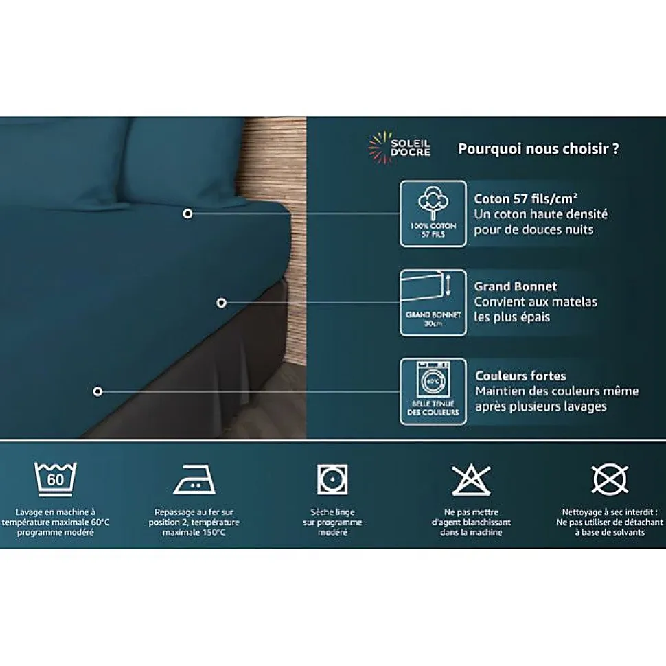 Drap housse en coton 57 fils 140x190 cm UNI gris, par Soleil d'ocre