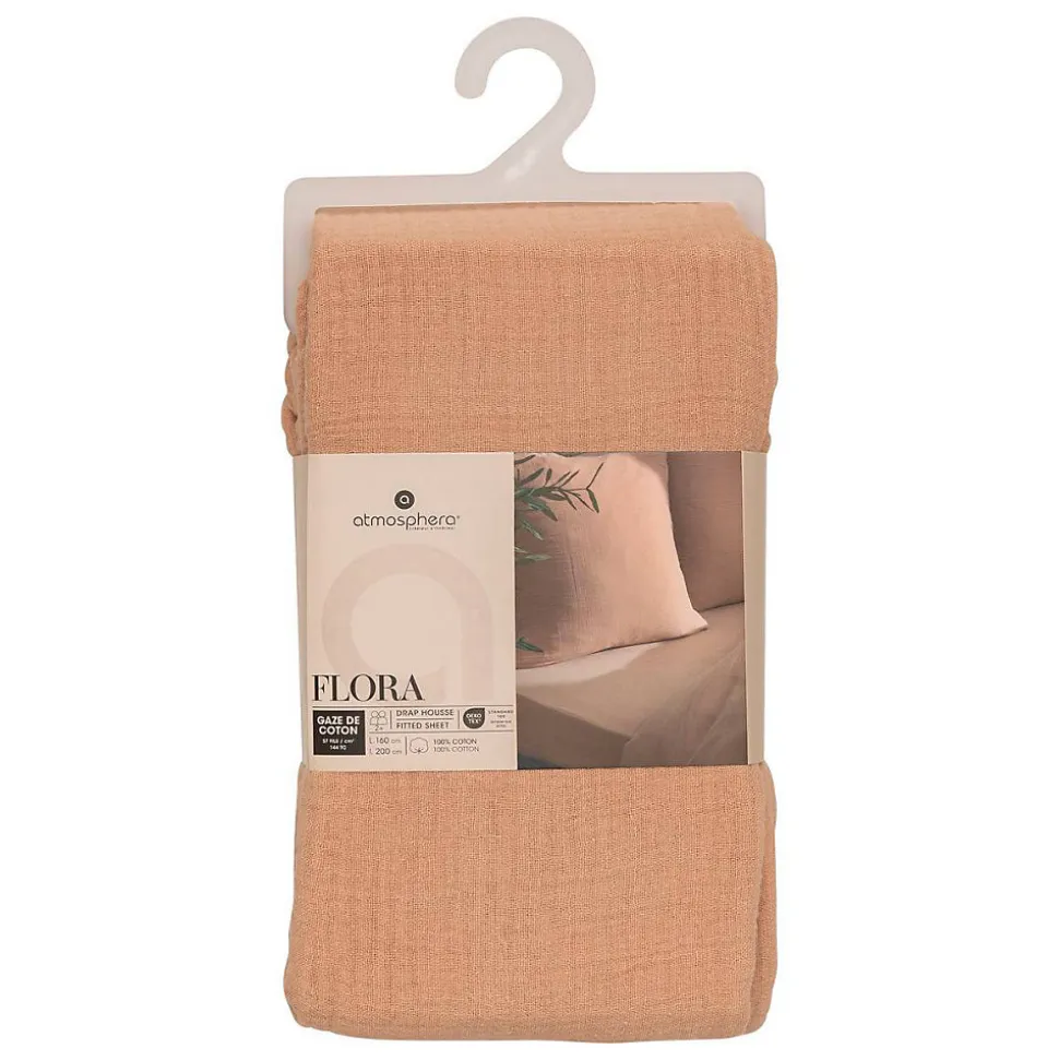 Drap housse Flora gaze de coton rose 160x200cm - Atmosphera
