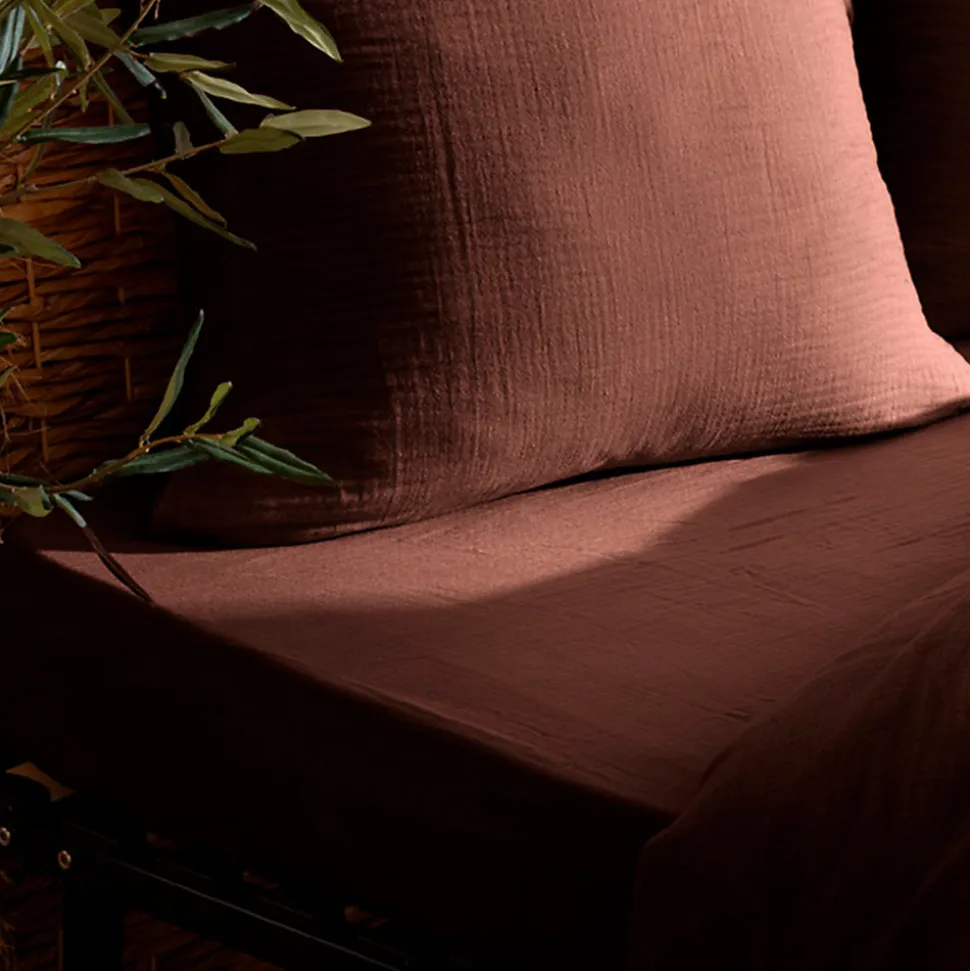 Drap housse Flora gaze de coton marron 160x200cm - Atmosphera