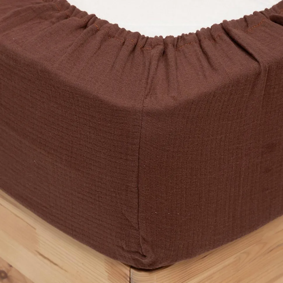 Drap housse Flora gaze de coton marron 160x200cm - Atmosphera