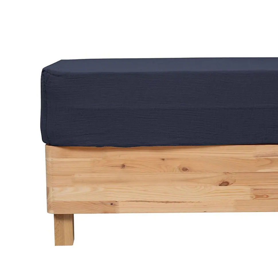 Drap housse Flora gaze de coton bleu 160x200cm - Atmosphera