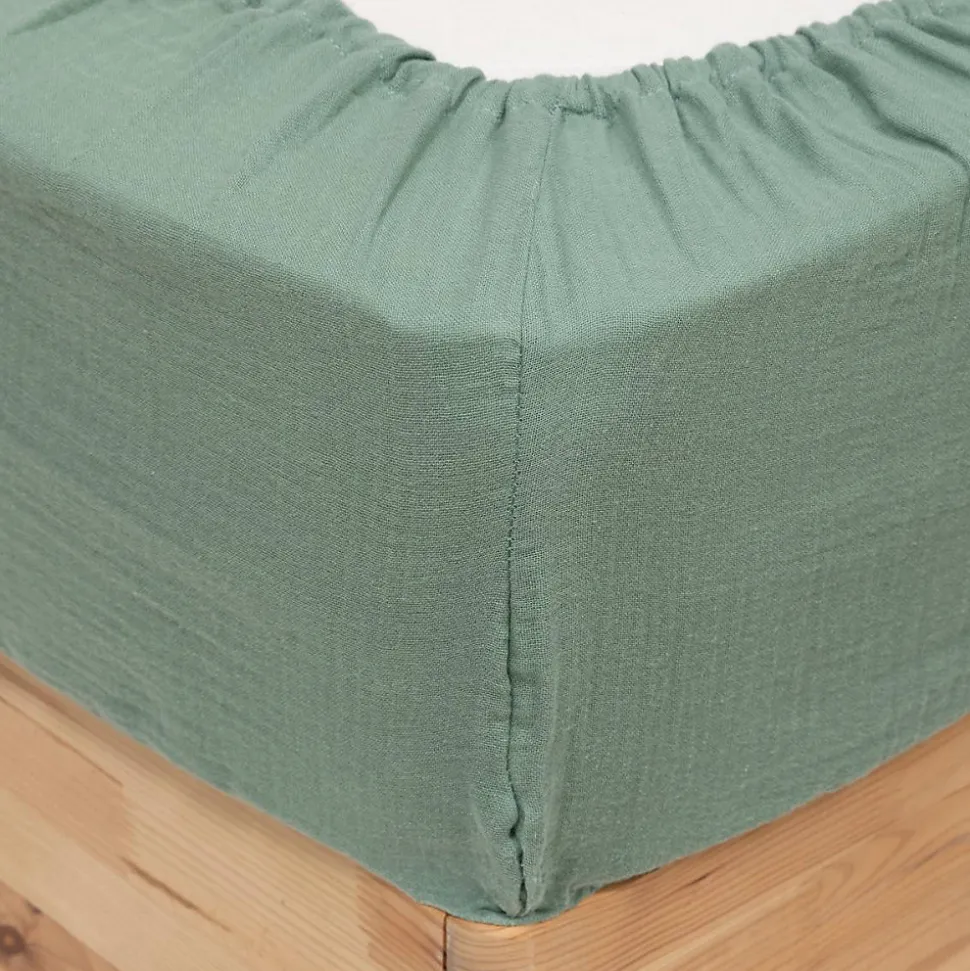 Drap housse Flora gaze de coton vert céladon 140x190cm - Atmosphera