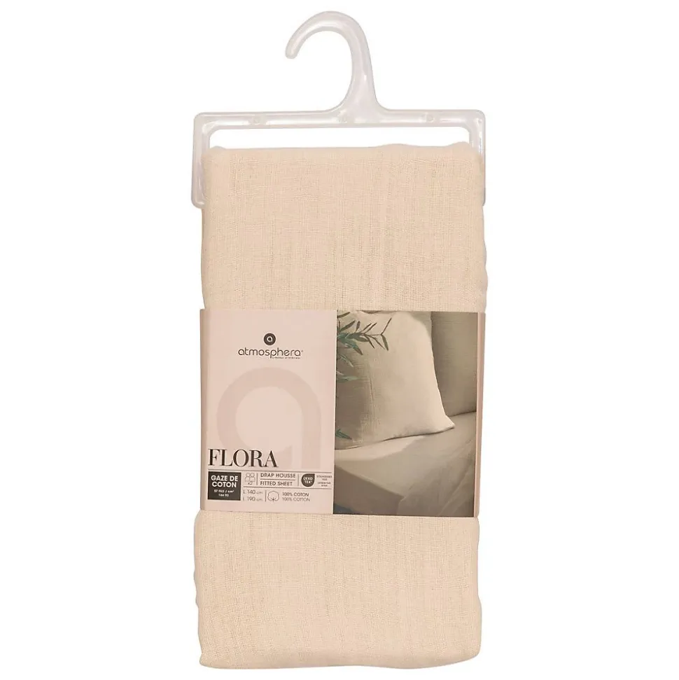 Drap housse Flora gaze de coton lin 140x190cm - Atmosphera
