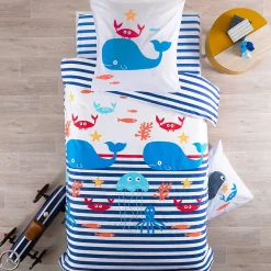 Drap housse imprimé 90x190 cm coton biologique OCTOPUSSE à rayures Bleu et Blanc Bonnet 25 cm