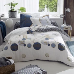 Drap housse imprimé 90x200 cm percale de coton ROMEO bleu Baltique Bonnet 40 cm