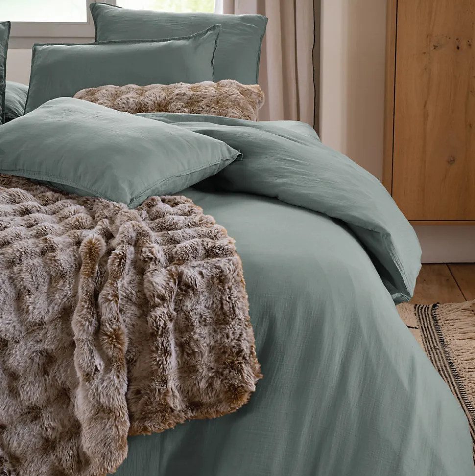 Drap housse MILOS mousseline de coton 140x200 cm bonnet 30 cm uni vert lichen