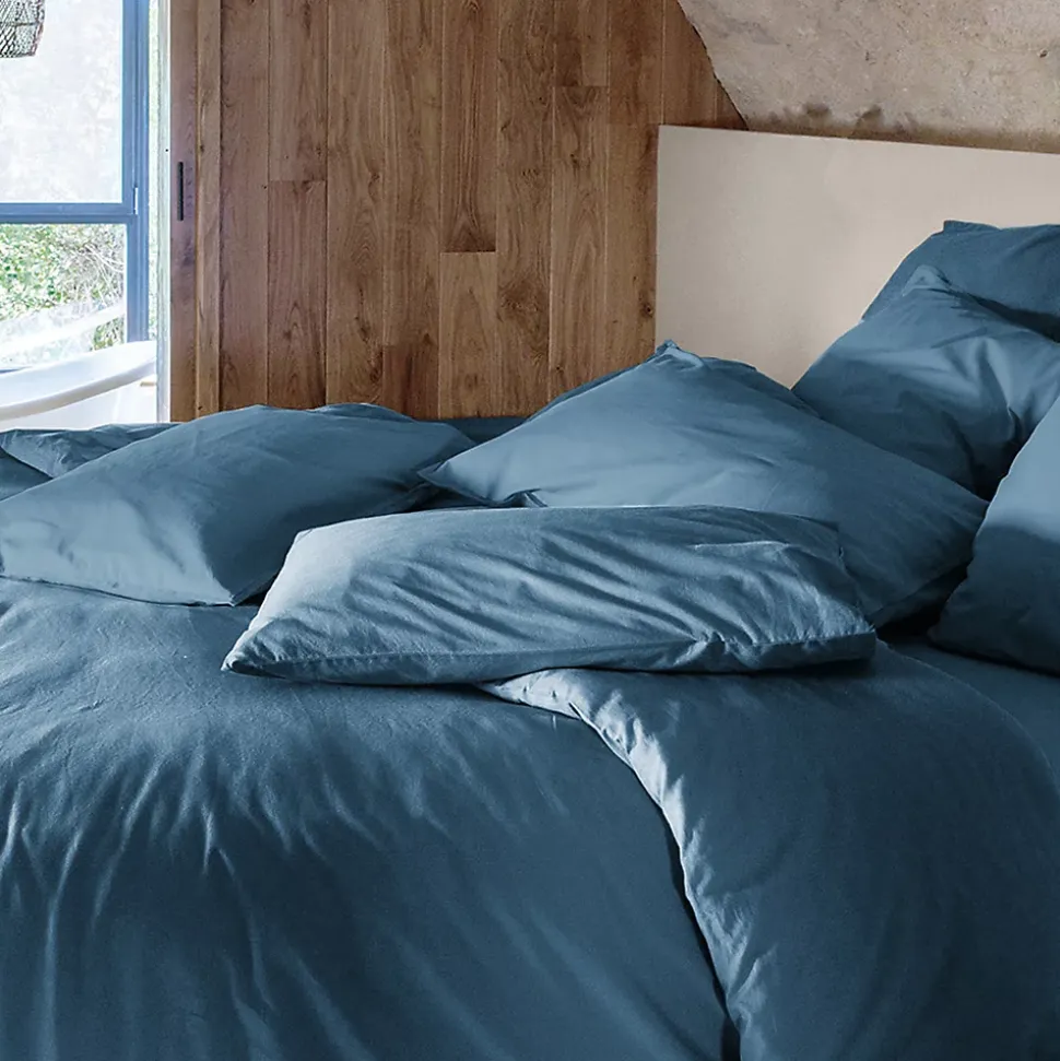 Drap housse PALACE pur coton lavé 180x200 cm bonnet 35 cm uni bleu marine