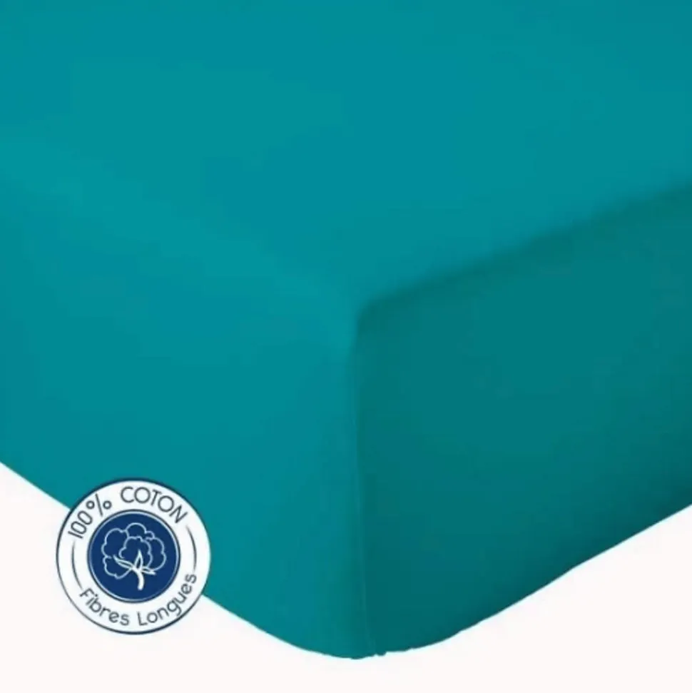 Drap Housse Uni bonnet 30 cm 100% Coton (180x190 cm - Bleu Paon)