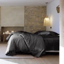 Drap housse uni 180x200 cm bonnet 40 cm percale de coton MANOIR gris Ardoise