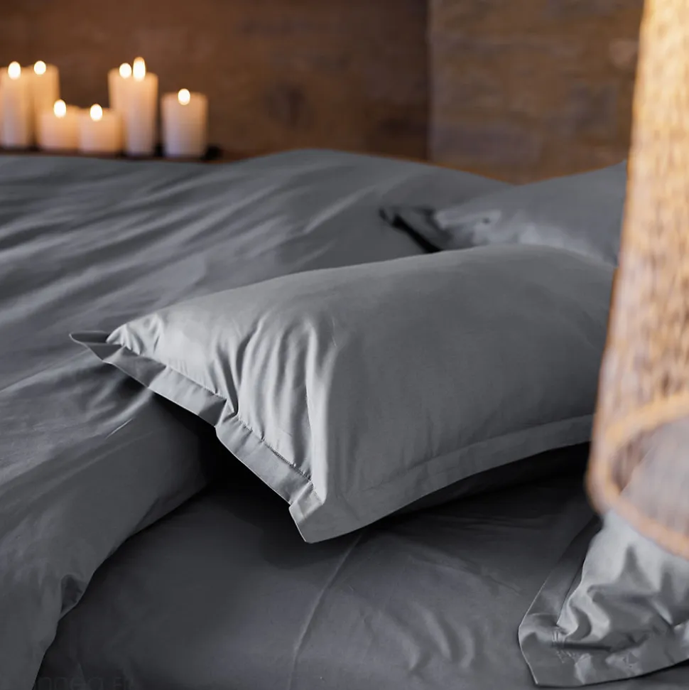 Drap housse uni 180x200 cm bonnet 40 cm percale de coton MANOIR gris Ardoise