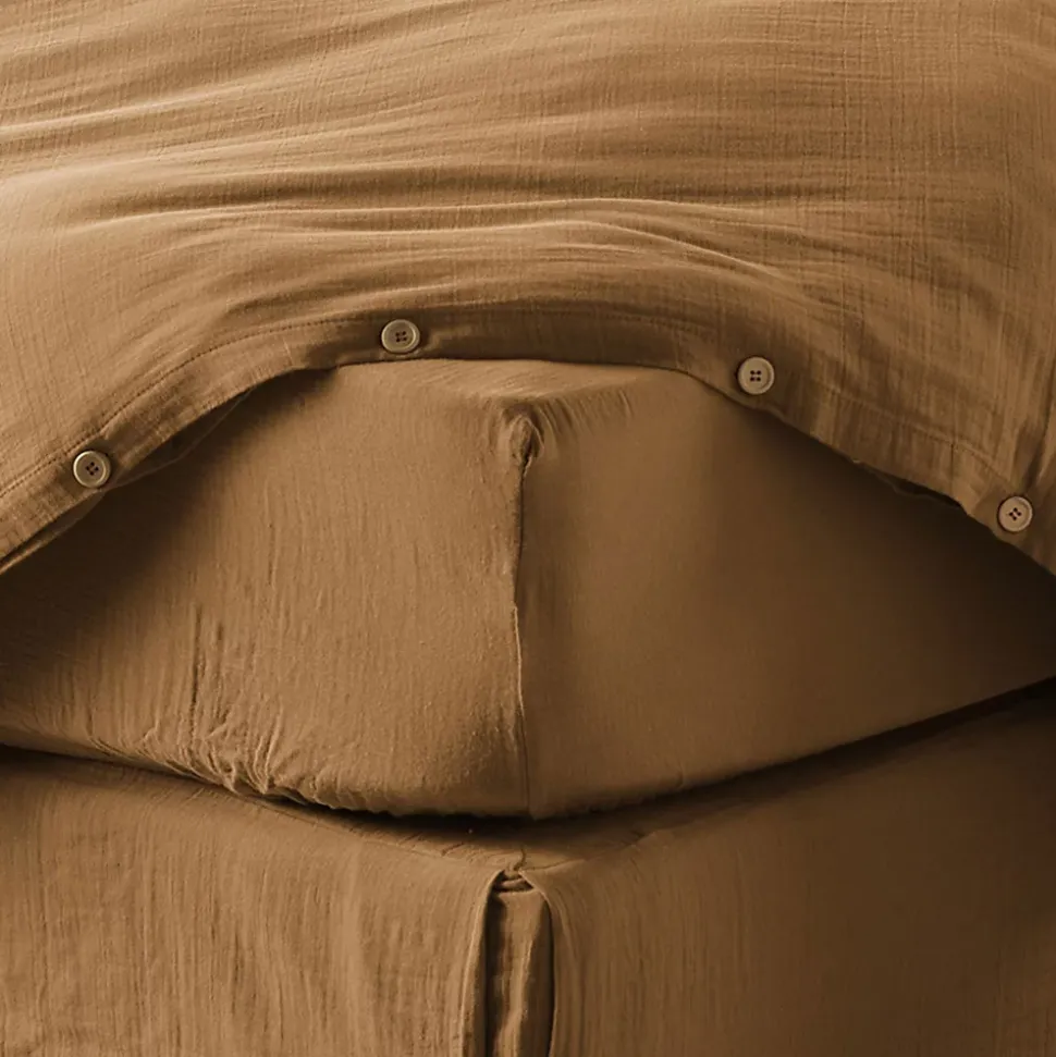 Drap housse 180x200 cm en Gaze de coton Camel
