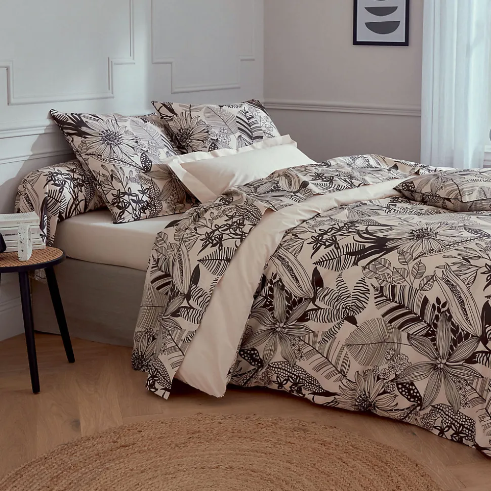 Drap plat aux impressions noires (180x290 cm - Beige)