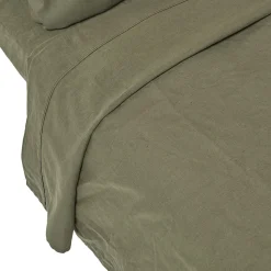 Drap plat en lin lavé vert mousse, 240x275 cm - HOMESCAPES