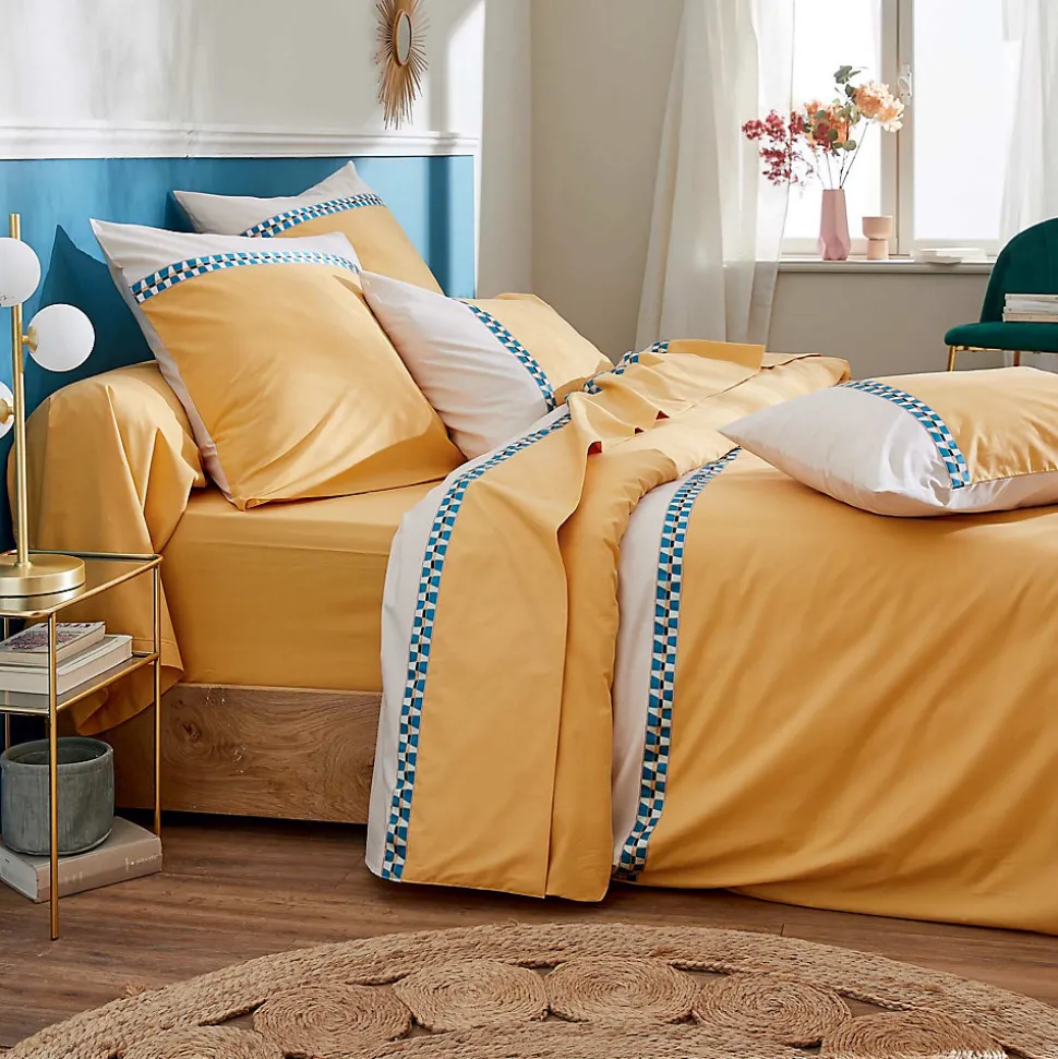 Drap plat en percale avec galon géométrique (180x290 cm - Jaune)
