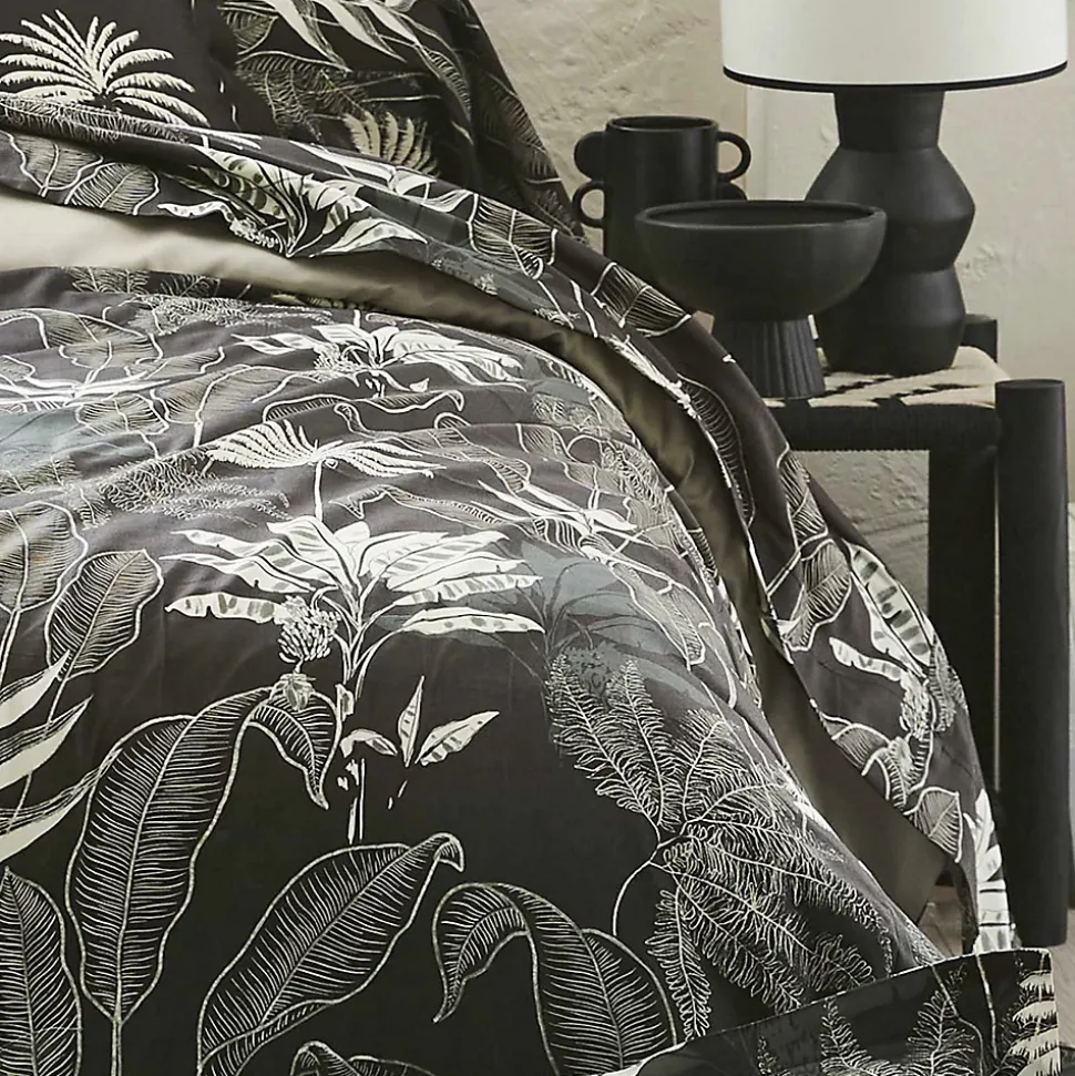 Drap plat en satin aux feuilles tropicales (180x290 cm - Gris anthracite)