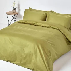 Drap plat en satin de coton égyptien 1000 fils vert olive, 180x290 cm - HOMESCAPES