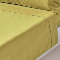 Drap plat en satin de coton égyptien 1000 fils vert olive, 270x300 cm - HOMESCAPES