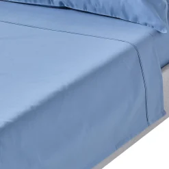 Drap plat en satin de coton égyptien 1000 fils bleu, 240x275 cm - HOMESCAPES